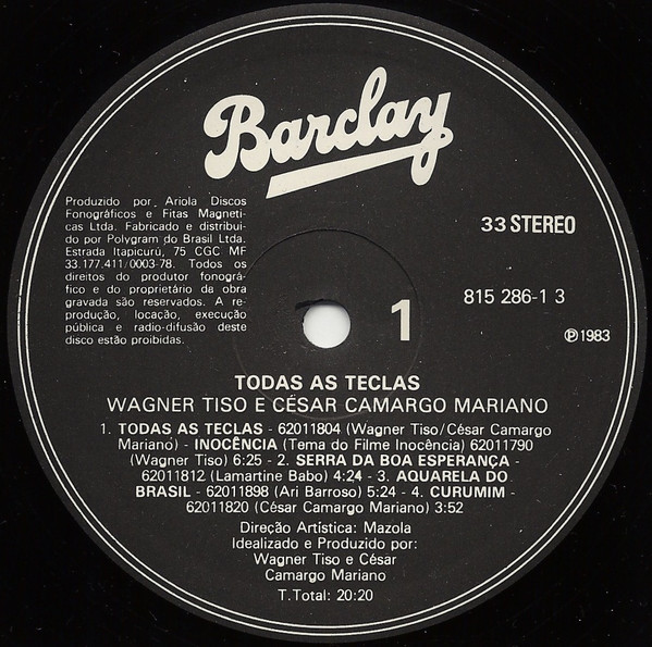 Wagner Tiso & César Camargo Mariano - Todas As Teclas | Barclay (815 286-13) - 2