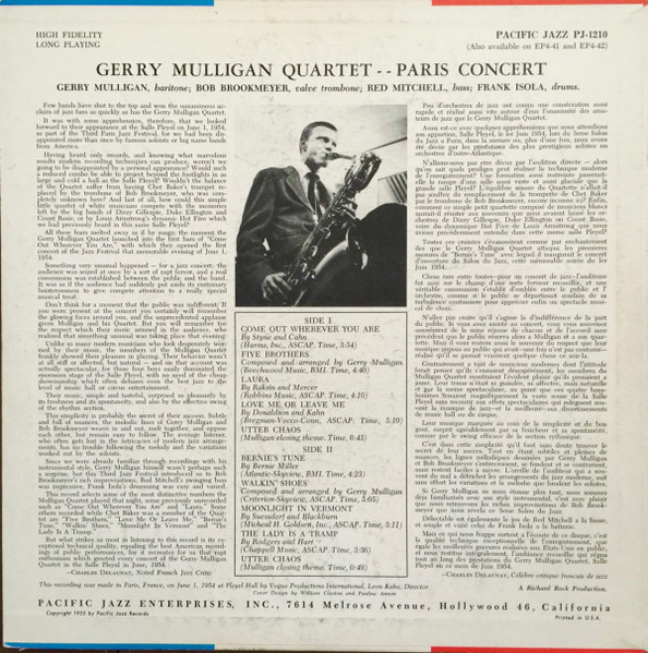 Gerry Mulligan Quartet - Paris Concert | Pacific Jazz (PJ-1210) - 2