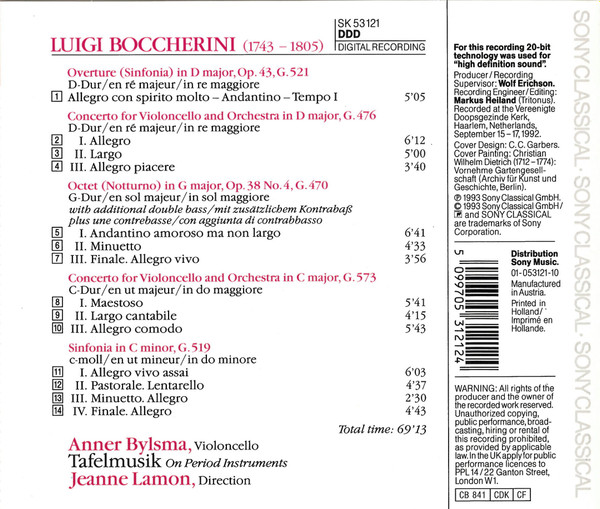 Luigi Boccherini , Anner Bylsma , Tafelmusik Baroque Orchestra , Jeanne Lamon - Concertos For Violoncello And Orchestra, Overture, Octet, Sinfonia | Sony Classical (SK 53121) - 3