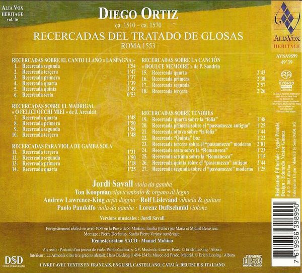 Diego Ortiz / Jordi Savall - Recercadas Del Tratado De Glosas. Roma 1553 | Alia Vox (AVSA9899) - 2 Diego Ortiz / Jordi Savall - Recercadas Del Tratado De Glosas. Roma 1553 | Alia Vox (AVSA9899) - 2