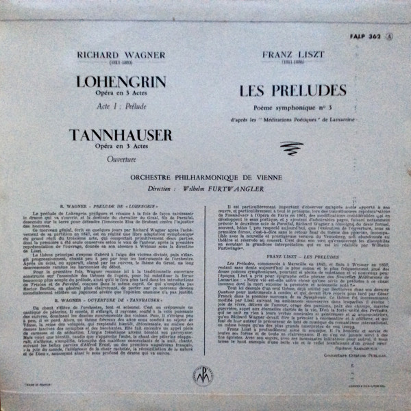 Richard Wagner , Franz Liszt - Wilhelm Furtwängler , Wiener Philharmoniker - Lohengrin Prelude / Tannhauser Ouverture / Les Préludes | La Voix De Son Maître (FALP 362) - 2