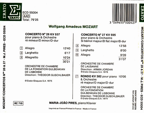 Wolfgang Amadeus Mozart - Maria-João Pires , Theodor Guschlbauer / Armin Jordan - Concertos Pour Piano N°27 & 26 "Du Couronnement", Rondo KV 382 | Erato (2292-45049-2) - 2