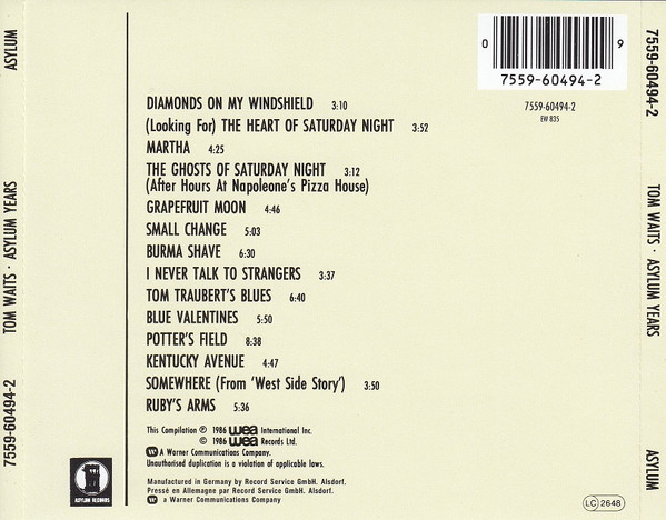 Tom Waits - Asylum Years | Asylum Records (7559-60494-2) - 2 Tom Waits - Asylum Years | Asylum Records (7559-60494-2) - 2