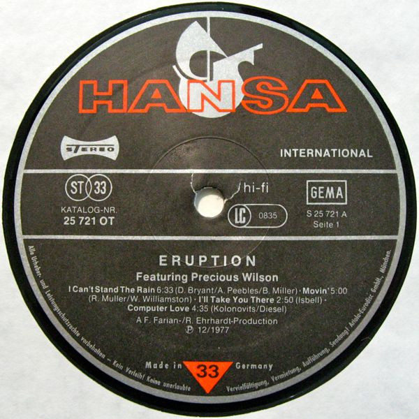 Eruption - I Can't Stand The Rain | Hansa International (25 721 OT) - 3 Eruption - I Can't Stand The Rain | Hansa International (25 721 OT) - 3