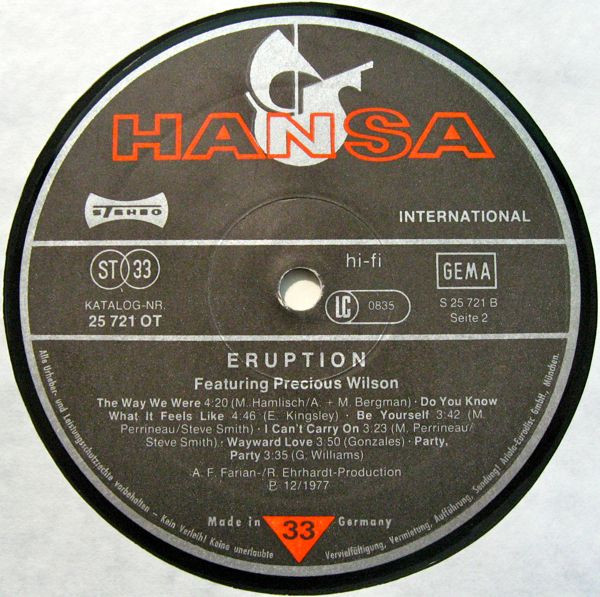 Eruption - I Can't Stand The Rain | Hansa International (25 721 OT) - 4 Eruption - I Can't Stand The Rain | Hansa International (25 721 OT) - 4
