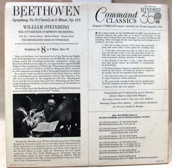 Ludwig van Beethoven - William Steinberg , Pittsburgh Symphony Orchestra , The Mendelssohn Choir Of Pittsburgh - Symphony No. 9 In D Minor, Opus 125; Symphony No. 8 In F Major, Opus 93 | Command (CC 12001 SD) - 2