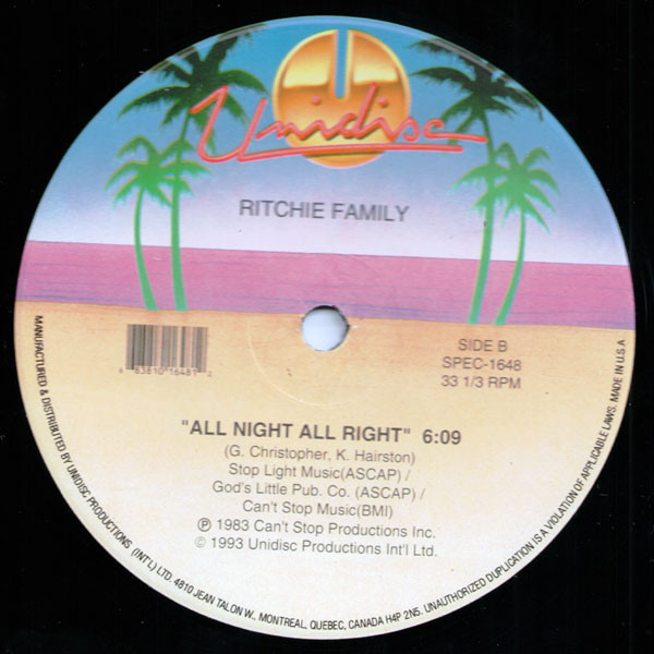 The Ritchie Family - I'll Do My Best (For You Baby) / All Night All Right | Unidisc (SPEC-1648) - 2 The Ritchie Family - I'll Do My Best (For You Baby) / All Night All Right | Unidisc (SPEC-1648) - 2