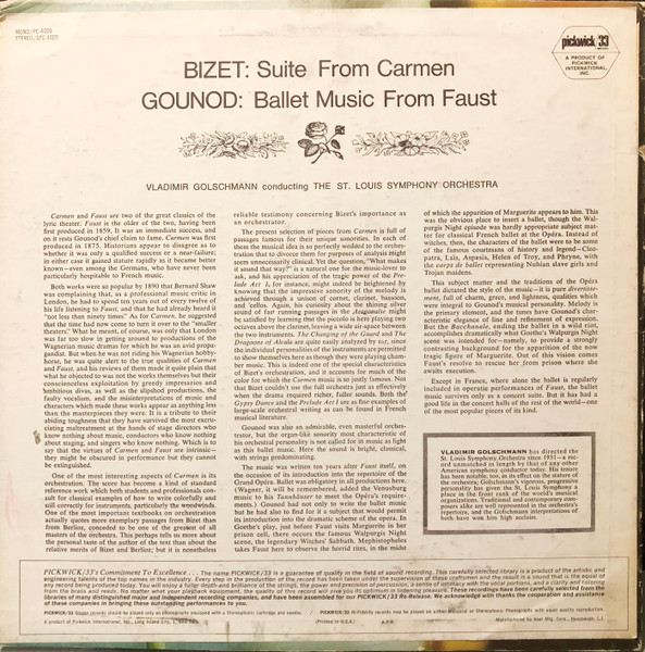 Georges Bizet / Charles Gounod - Vladimir Golschmann Conducting Saint Louis Symphony Orchestra - Suite From Carmen / Ballet Music From Faust | Pickwick/33 Records (SPC-4020) - 2