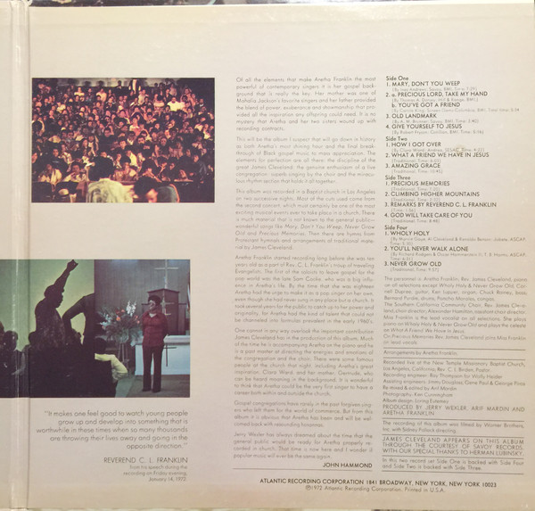 Aretha Franklin With Rev. James Cleveland & The Southern California Community Choir - Amazing Grace | Atlantic (SD 2-906) - 3 Aretha Franklin With Rev. James Cleveland & The Southern California Community Choir - Amazing Grace | Atlantic (SD 2-906) - 3