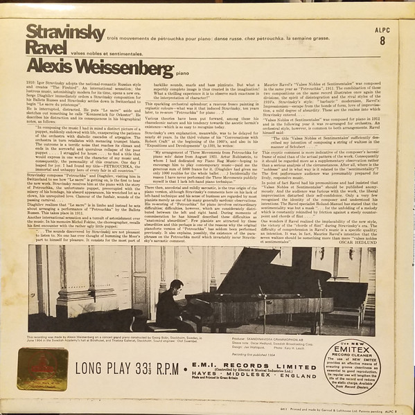 Alexis Weissenberg - Igor Stravinsky / Maurice Ravel - Trois Mouvements De Pétrouchka Pour Piano / Valses Nobles Et Sentimentales | Odeon (PALPC 8) - 2