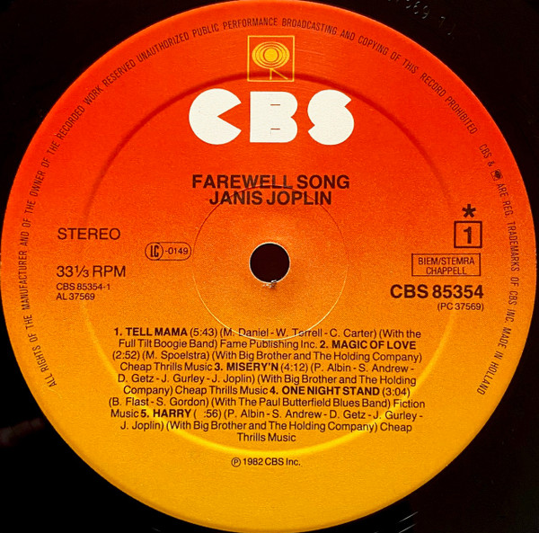 Janis Joplin - Farewell Song | CBS (CBS 85354) - 3 Janis Joplin - Farewell Song | CBS (CBS 85354) - 3