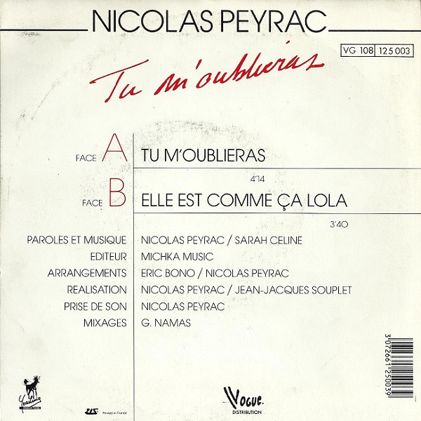 Nicolas Peyrac - Tu M'oublieras | Yearling Productions (125003) - 2