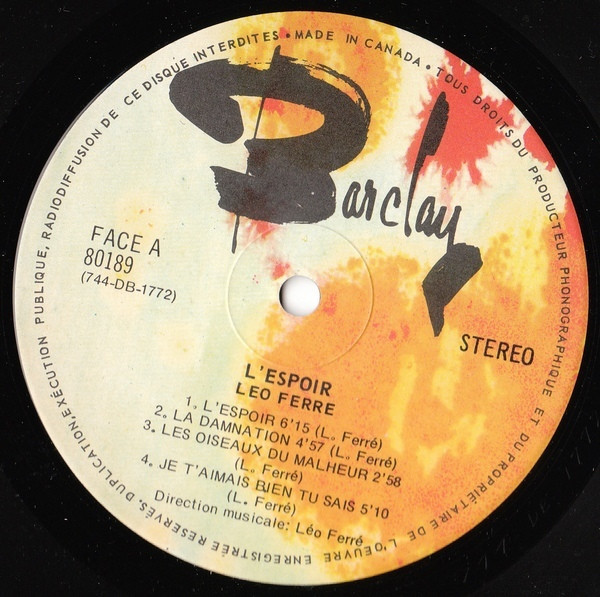 Léo Ferré - L'espoir | Barclay (80189) - 2