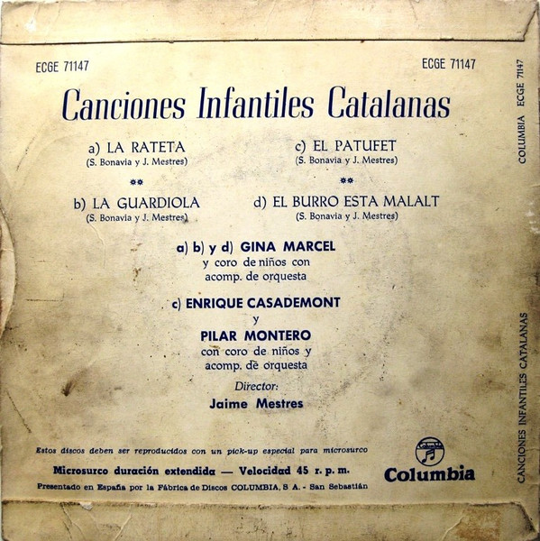 Gina Marcel / Enrique Casademont Y Pilar Montero - Canciones Infantiles Catalanas | Columbia (ECGE 71147) - 3