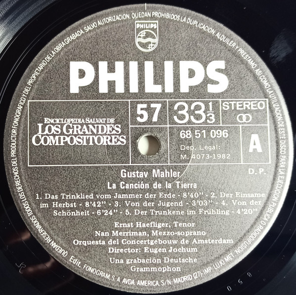 Gustav Mahler // Nan Merriman , Ernst Haefliger - Concertgebouworkest Dirigida Por Eugen Jochum - La Canción de la Tierra (Das Lied Von Der Erde) | Philips (68 51 096) - 3