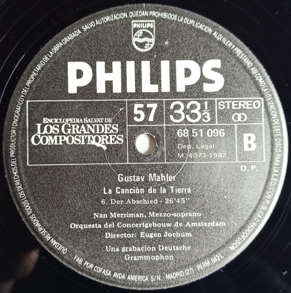 Gustav Mahler // Nan Merriman , Ernst Haefliger - Concertgebouworkest Dirigida Por Eugen Jochum - La Canción de la Tierra (Das Lied Von Der Erde) | Philips (68 51 096) - 4