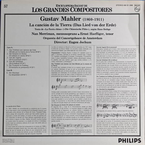 Gustav Mahler // Nan Merriman , Ernst Haefliger - Concertgebouworkest Dirigida Por Eugen Jochum - La Canción de la Tierra (Das Lied Von Der Erde) | Philips (68 51 096) - 2