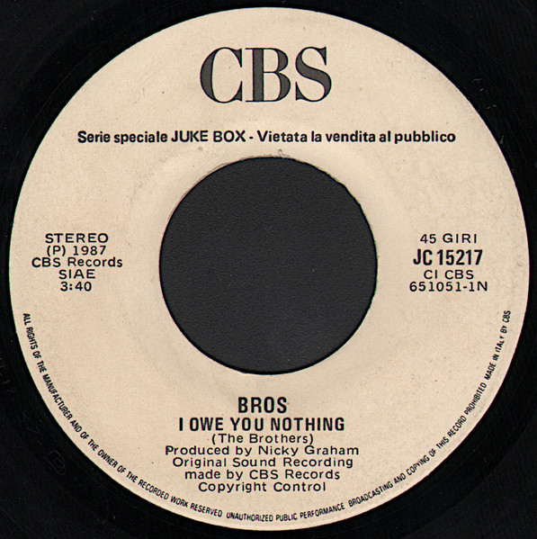 Bros / Michael Jackson - I Owe You Nothing / The Way You Make Me Feel | CBS (JC 15217)