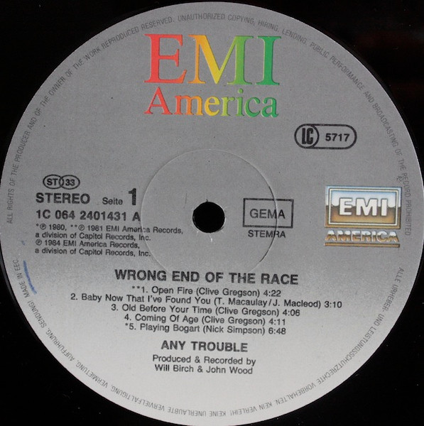 Any Trouble - Wrong End Of The Race | EMI America (1C 064 2401431) - 2 Any Trouble - Wrong End Of The Race | EMI America (1C 064 2401431) - 2