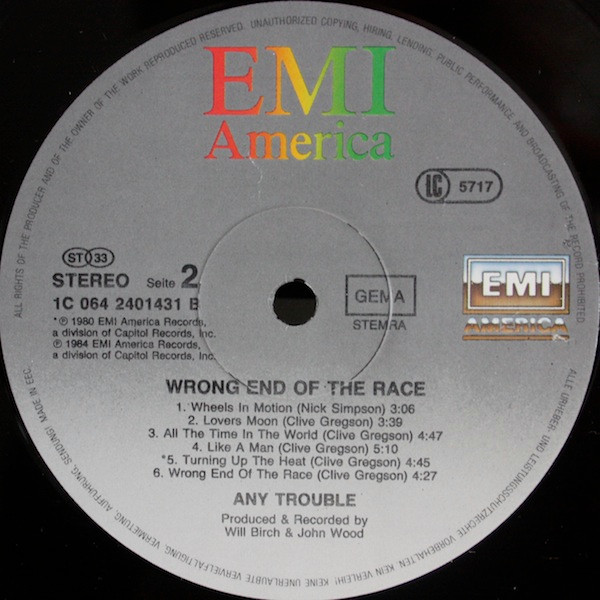 Any Trouble - Wrong End Of The Race | EMI America (1C 064 2401431) - 3 Any Trouble - Wrong End Of The Race | EMI America (1C 064 2401431) - 3