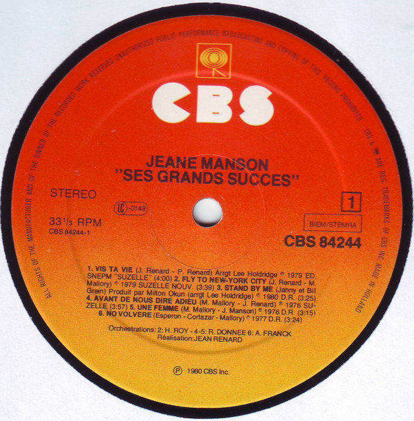 Jeane Manson - Ses Grands Succès | CBS (CBS 84244) - 2