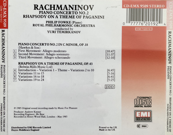 Sergei Vasilyevich Rachmaninoff , Philip Fowke , Royal Philharmonic Orchestra , Yuri Temirkanov - Piano Concerto No. 2 In C Minor, Op. 18 • Rhapsody On A Theme Of Paganini, Op. 43 | EMI Eminence (CD-EMX 9509 STEREO)