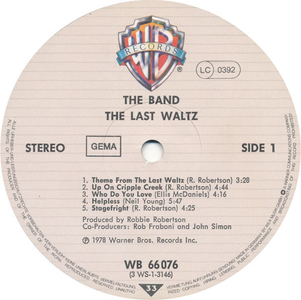 The Band - The Last Waltz | Warner Bros. Records (WB 66 076) - 3 The Band - The Last Waltz | Warner Bros. Records (WB 66 076) - 3