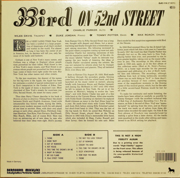 Charlie Parker - Bird On 52nd Street | Original Jazz Classics (OJC-114) - 2