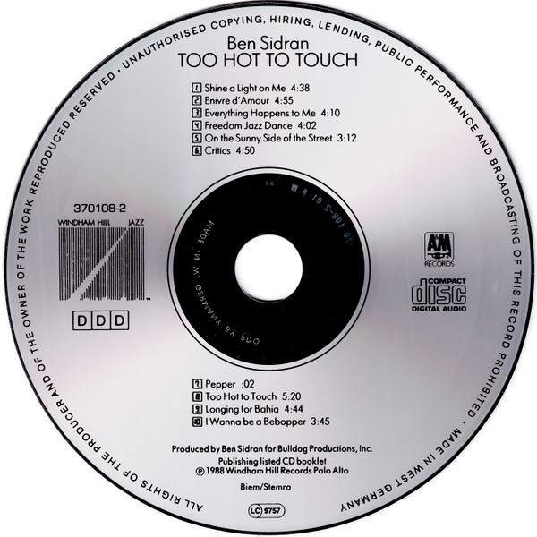 Ben Sidran - Too Hot To Touch | Windham Hill Records (370108-2) - 3