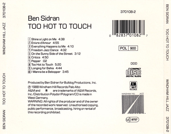 Ben Sidran - Too Hot To Touch | Windham Hill Records (370108-2) - 2