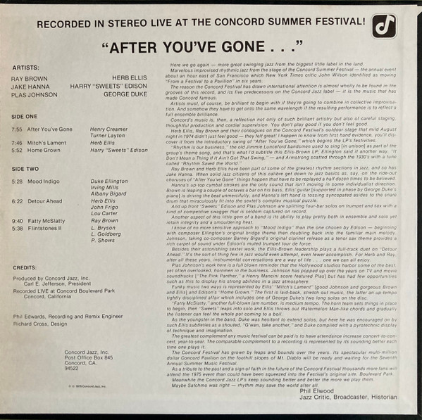 Herb Ellis , Ray Brown , Harry Edison , Jake Hanna , Plas Johnson , George Duke - After You've Gone | Concord Jazz (CJ-6) - 2 Herb Ellis , Ray Brown , Harry Edison , Jake Hanna , Plas Johnson , George Duke - After You've Gone | Concord Jazz (CJ-6) - 2