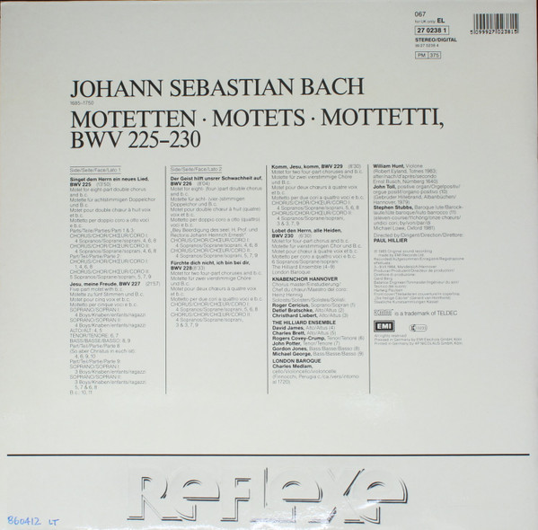 Johann Sebastian Bach , The Hilliard Ensemble , Knabenchor Hannover , London Baroque - Motets BWV 225-230 | His Master's Voice (27 0238 1) - 2