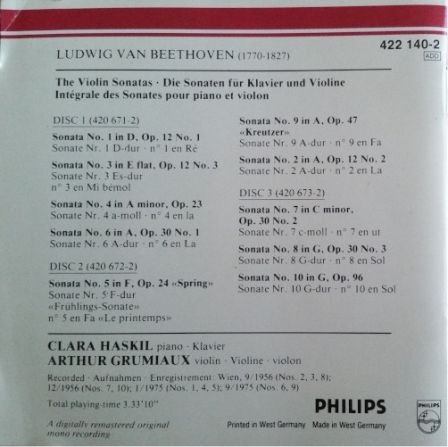 Ludwig van Beethoven - Arthur Grumiaux · Clara Haskil - The Violin Sonatas = Die Sonaten Für Klavier Und Violine | Philips (422 140-2) - 4 Ludwig van Beethoven - Arthur Grumiaux · Clara Haskil - The Violin Sonatas = Die Sonaten Für Klavier Und Violine | Philips (422 140-2) - 4