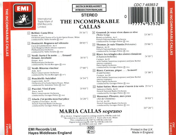 Maria Callas - The Incomparable Callas - Favourite Arias | Angel Records (CDC 7 49393 2) - 2 Maria Callas - The Incomparable Callas - Favourite Arias | Angel Records (CDC 7 49393 2) - 2