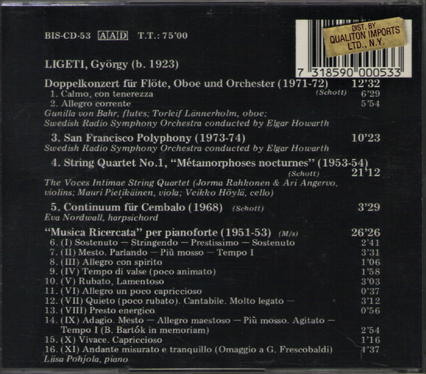 György Ligeti - Double Concerto For Flute & Oboe * San Francisco Polyphony * String Quartet No.1 * Continuum * Musica Ricercata | BIS (BIS-CD-53)
