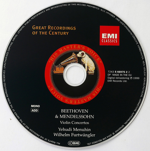 Ludwig van Beethoven & Felix Mendelssohn-Bartholdy – Yehudi Menuhin , Wilhelm Furtwängler - Violin Concertos | EMI Classics (7243 5 66975 2 2) - 2