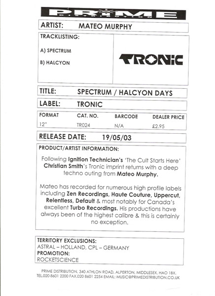 Mateo Murphy - Spectrum / Halcyon Days | Tronic (TR-024)