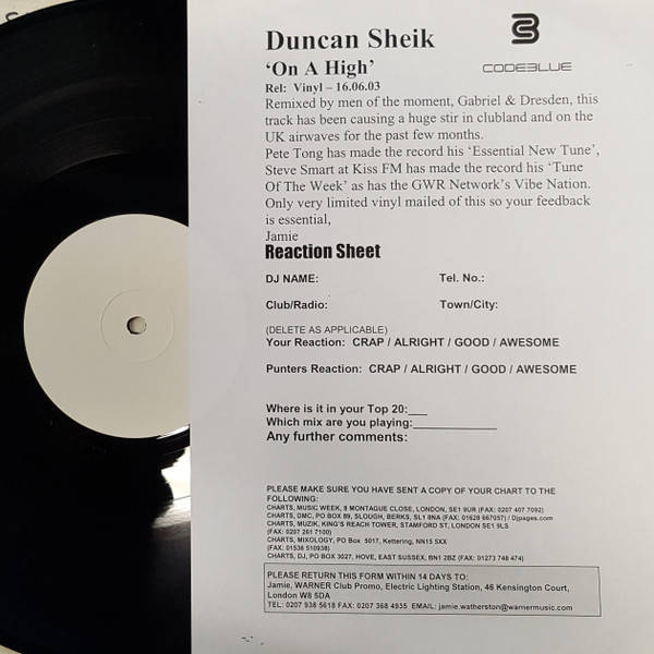 Duncan Sheik - On A High | Code Blue (BLU 033 T)