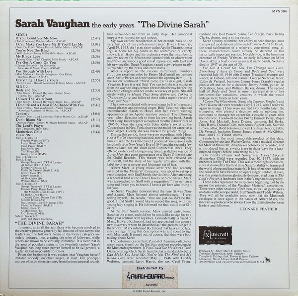 Sarah Vaughan - The Early Years - "The Divine Sarah" | Musicraft (MVS 504) - 2