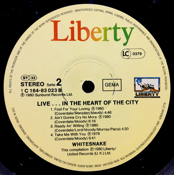 Whitesnake - Live... In The Heart Of The City | Liberty (1C 164-83 023/24) - 4