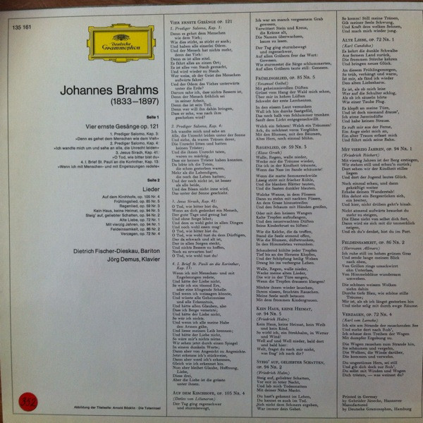 Johannes Brahms , Dietrich Fischer-Dieskau , Jörg Demus - Vier Ernste Gesänge • Späte Lieder | Deutsche Grammophon (135 161) - 2