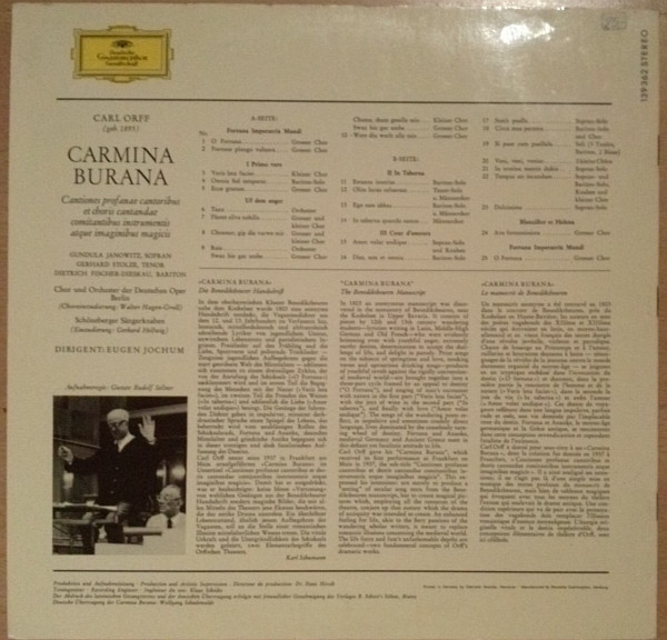 Carl Orff - Gundula Janowitz · Gerhard Stolze · Dietrich Fischer-Dieskau / Chor Der Deutschen Oper Berlin Und Orchester Der Deutschen Oper Berlin / Eugen Jochum - Carmina Burana | Deutsche Grammophon (139 362) - 2 Carl Orff - Gundula Janowitz · Gerhard Stolze · Dietrich Fischer-Dieskau / Chor Der Deutschen Oper Berlin Und Orchester Der Deutschen Oper Berlin / Eugen Jochum - Carmina Burana | Deutsche Grammophon (139 362) - 2