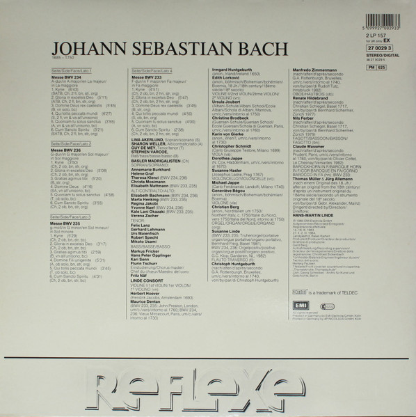 Johann Sebastian Bach - Lina Åkerlund • Sharon Weller • Guy De Mey • Stephen Varcoe • Basler Madrigalisten • Linde-Consort - Messen BWV 233-236 ‧ Masses ‧ Messes | His Master's Voice (27 0029 3) - 2