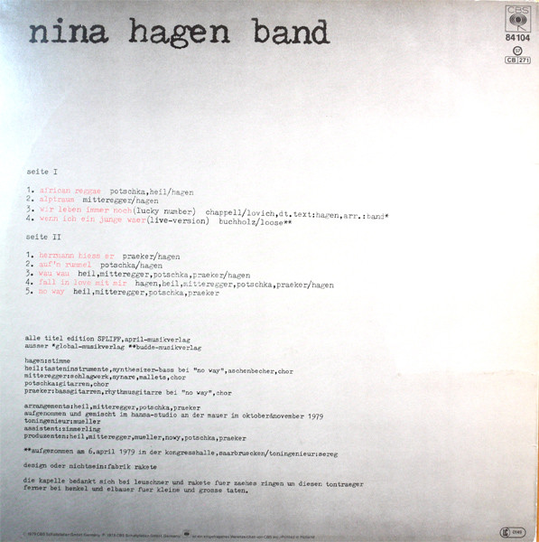 Nina Hagen Band - Unbehagen | CBS (CBS 84104) - 2