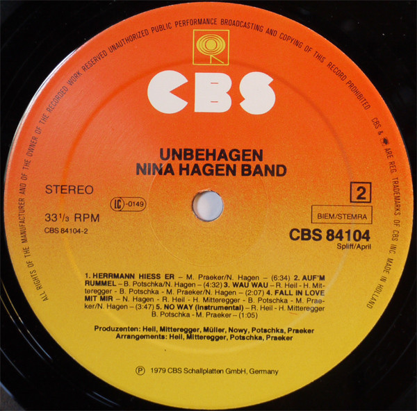 Nina Hagen Band - Unbehagen | CBS (CBS 84104) - 4