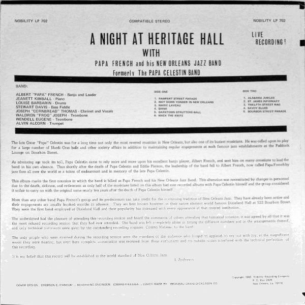 "Papa" French And His New Orleans Jazz Band - A Night At Heritage Hall | Nobility (LP 702) - 2