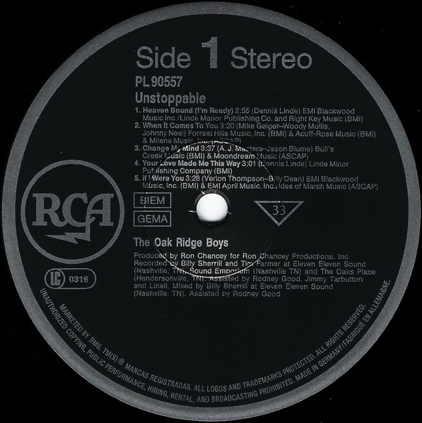 The Oak Ridge Boys - Unstoppable | RCA (PL90557) - 3