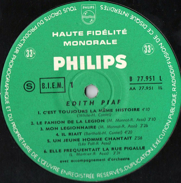 Edith Piaf - Les Grandes Chansons D' Edith Piaf | Philips (B 77.951 L) - 3
