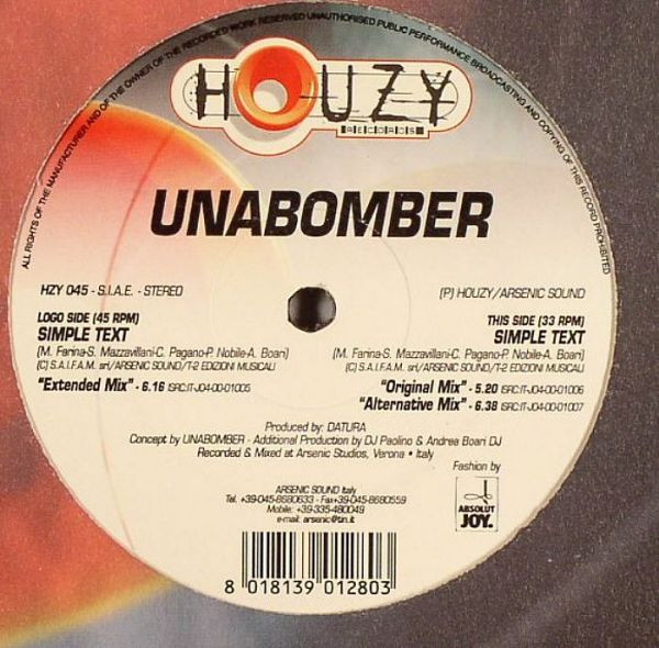 Unabomber - Simple Text | Houzy Records (HZY 045) - main Unabomber - Simple Text | Houzy Records (HZY 045) - main