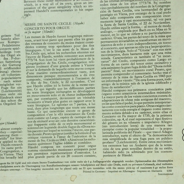 Joseph Haydn / Georg Friedrich Händel - Maria Stader / Marga Höffgen / Richard Holm / Josef Greindl / Michael Schneider / Symphonie-Orchester Des Bayerischen Rundfunks / Dirigent: Eugen Jochum , Chor Des Bayerischen Rundfunks - Cäcilien-Messe / Orgelkonzert F-Dur | Deutsche Grammophon (138 028/29 SLPM) - 3